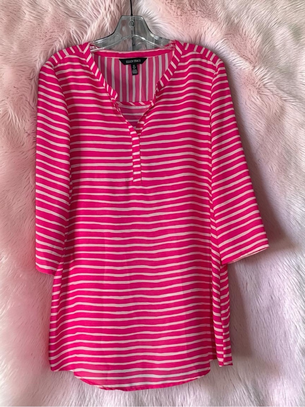 Ellen Tracy Sheer Hot Pink and White Striped Tunic Size Large